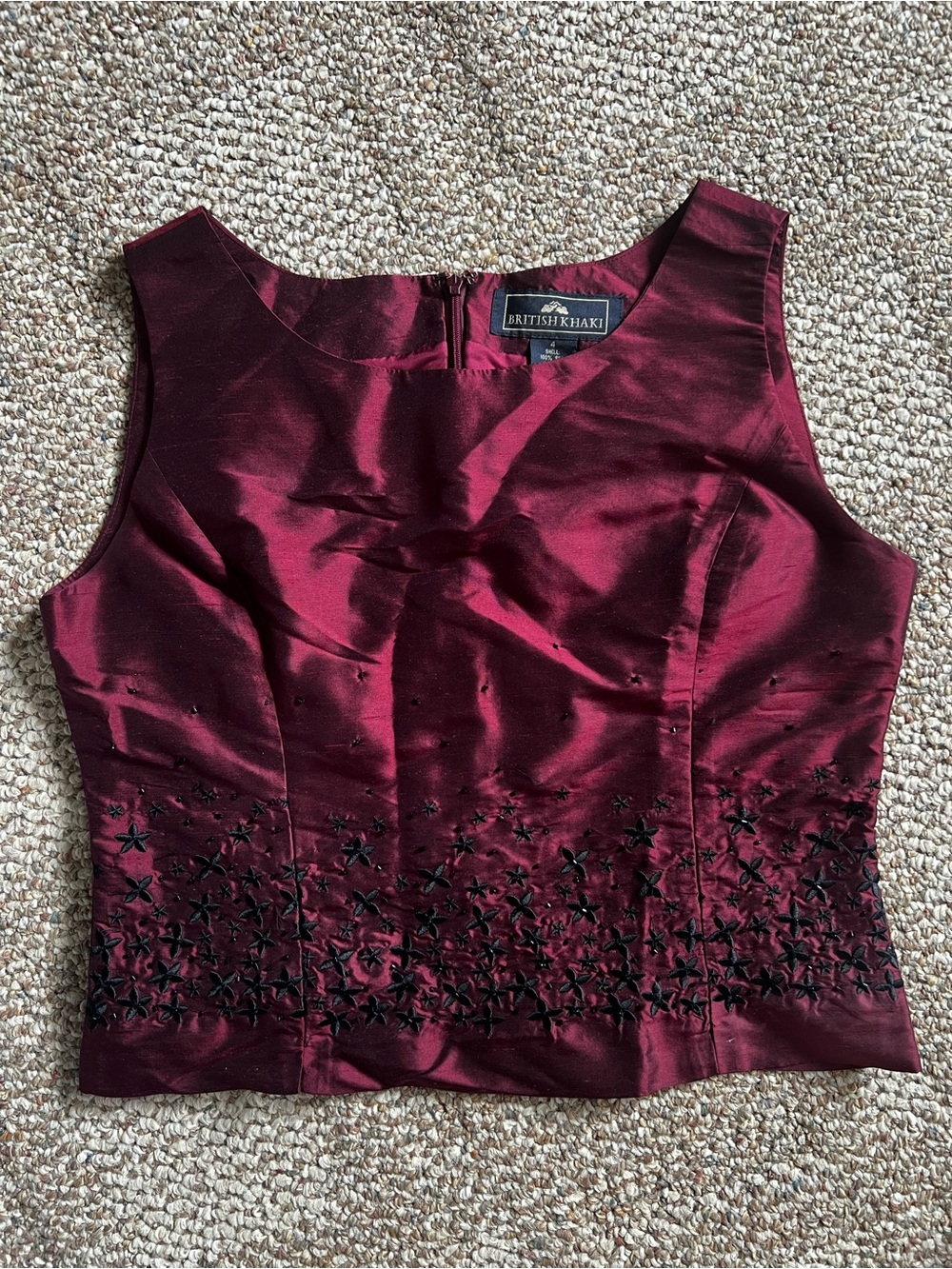 British Khaki Gorgeous Burgundy Silk Shantung Tank w/Black Beading - Size 4